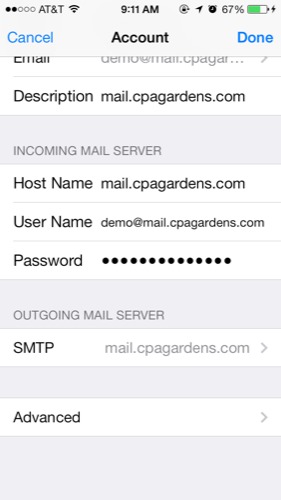 The mail server settings for an existing account on ios